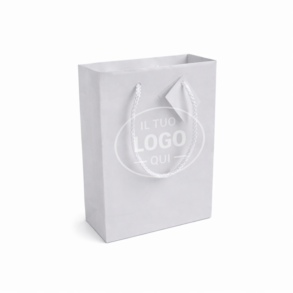 Shopper con soffietto in carta laminata 157 g/m2 con rinforzo alla base, maniglie in cordino - CREMA XS