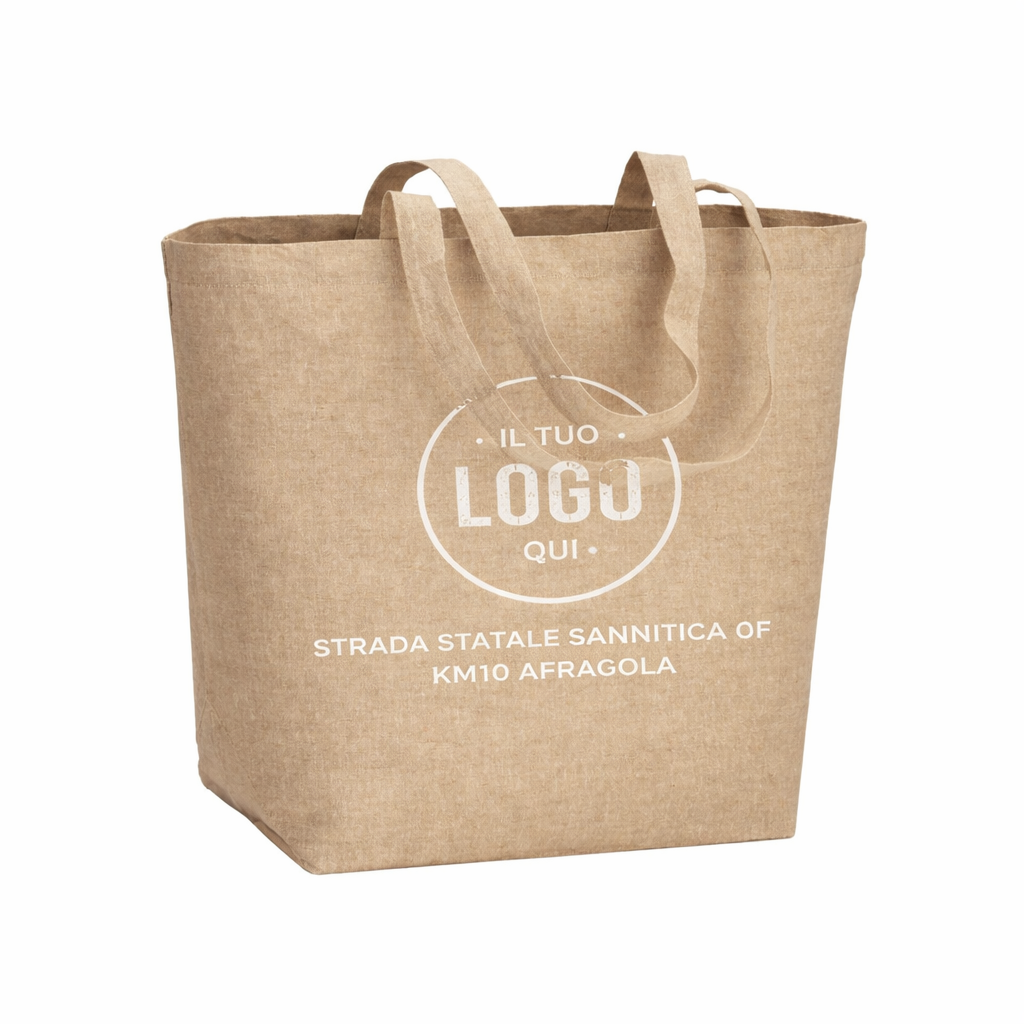 Shopper in cotone riciclato 120 g/m2 con interno laminato in PP, manici lunghi e soffietto - RAPALLO