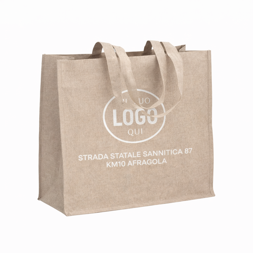 Shopper in cotone riciclato 120 g/m2 con interno laminato in PP, manici lunghi e soffietto - ALASSIO