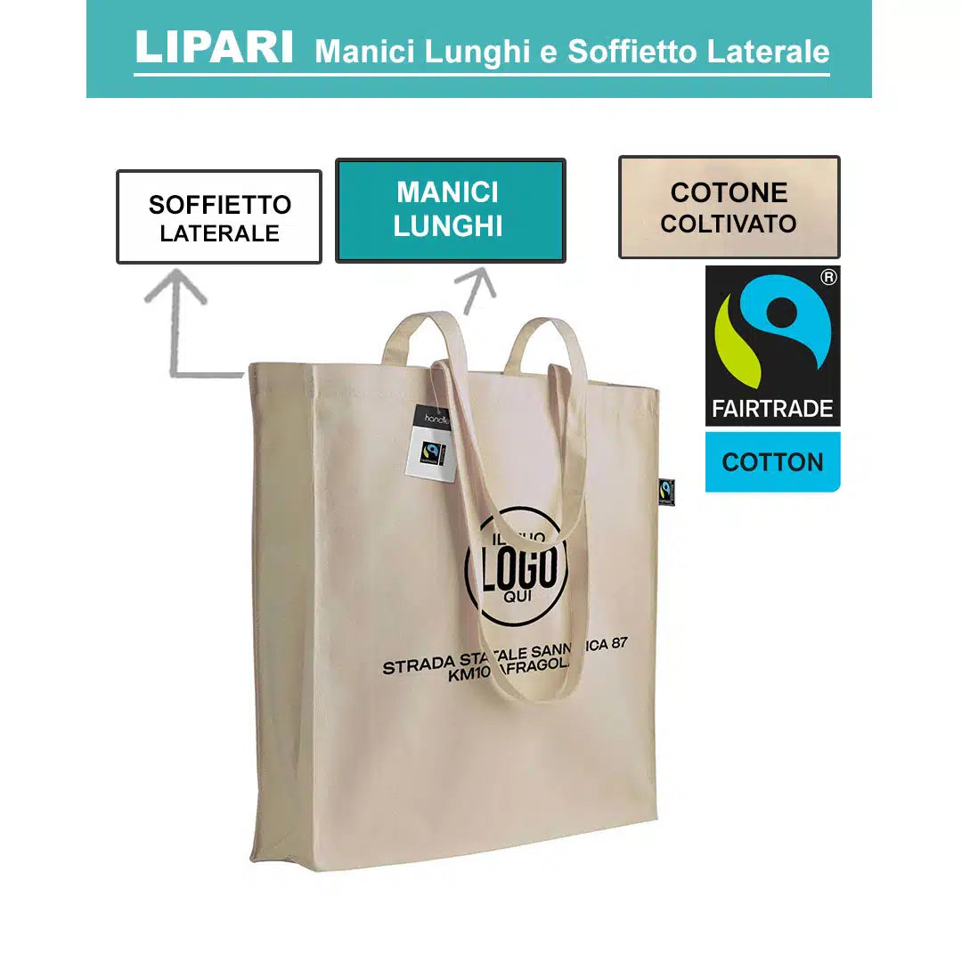 Shopper in COTONE FAIRTRADE® 140 g/m2 con Manici lunghi e Soffietto laterale - LIPARI