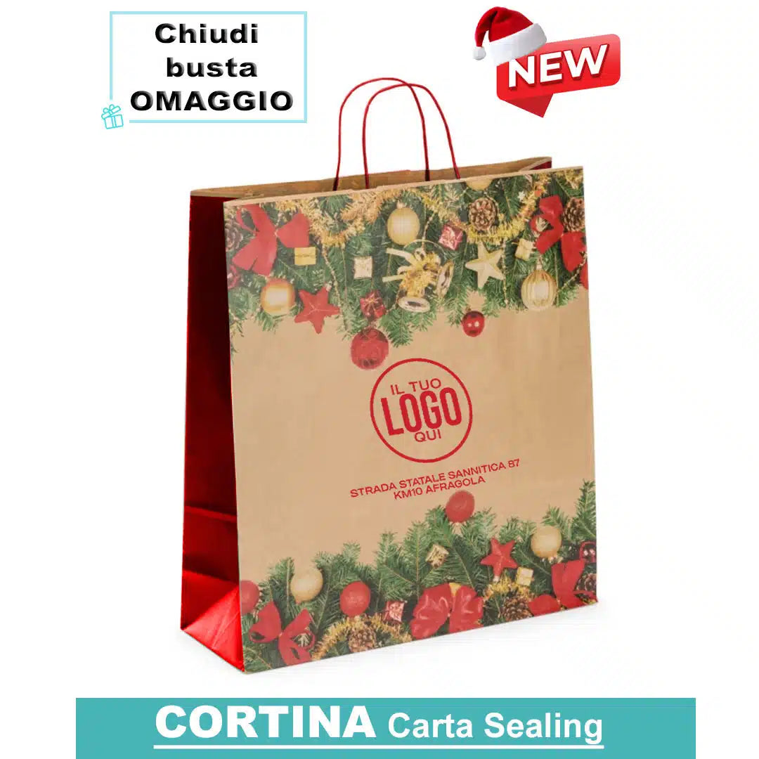 Shopper Natalizie in Carta Sealing Avana con Maniglia Ritorta rossa – CORTINA ROSSA –
