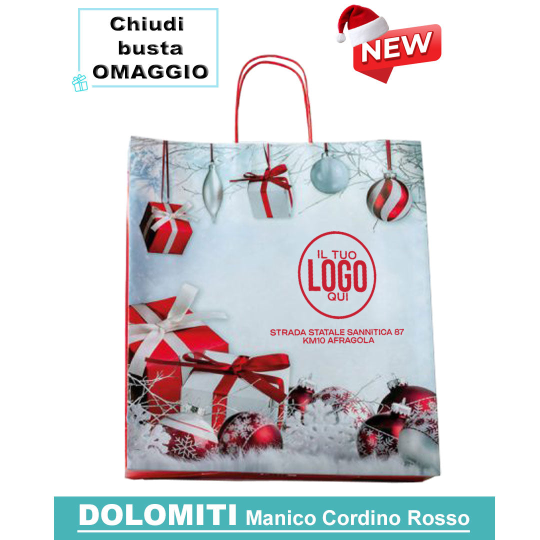 Shopper Natalizie in Carta con Manico Cordino Rosso – DOLOMITI –