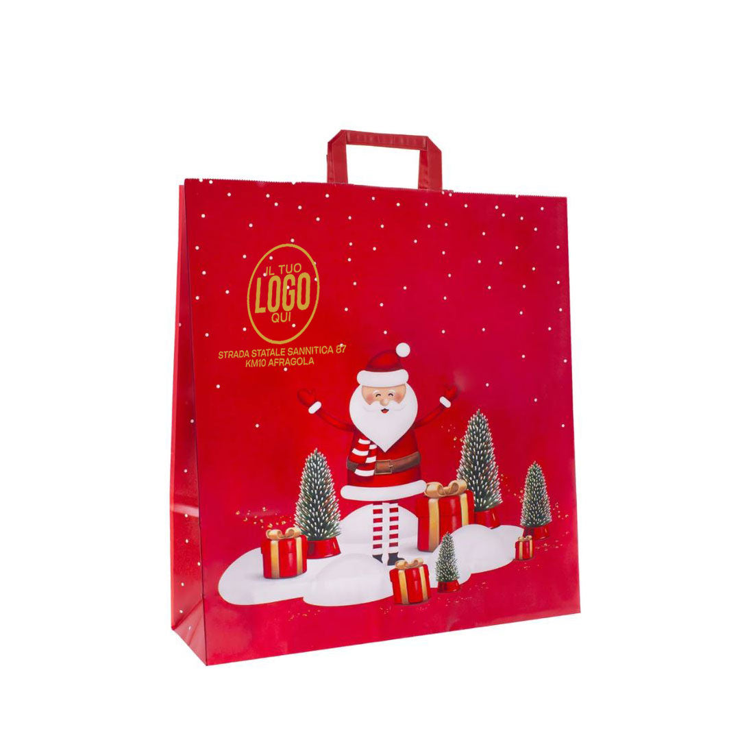 Shopper Natalizie in Carta con Manico Piattina Rosso – SANTA KLAUS –