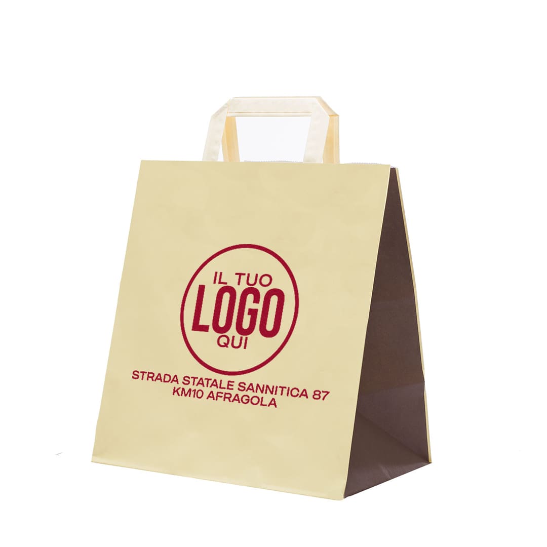 Shopper Take Away in carta Kraft bicolore Manico Piattina – TAKE AWAY BICOLOR –