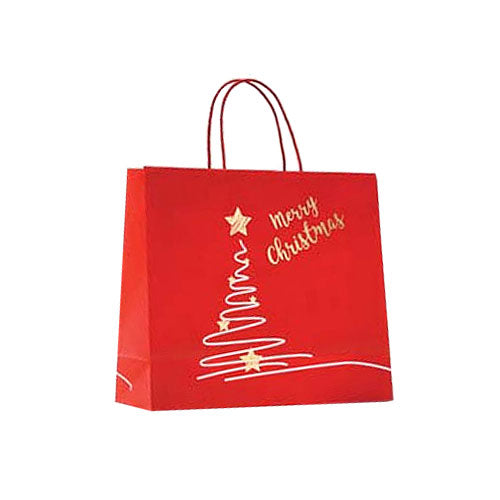 Shopper Natalizie in Carta con Bordo Risvoltato e Manico Cotone Rosso – XMAS TREE –