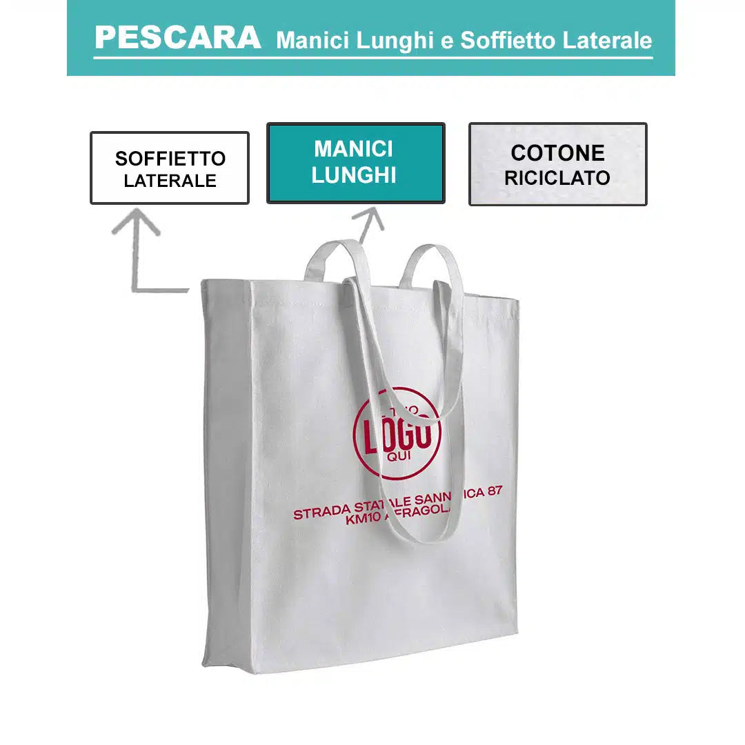 Shopper in COTONE riciclato 180 g/m2 Manici Lunghi in cotone e Soffietto Laterale - PESCARA