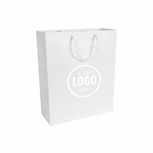 Shopper con soffietto in carta laminata opaca 157 g/m2 con rinforzo alla base, maniglie in cordino - CREMONA XS