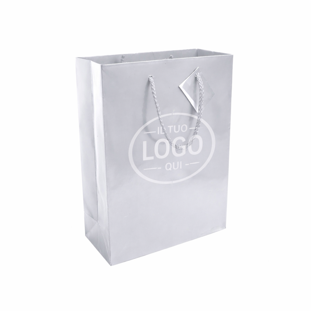 Shopper con soffietto in carta laminata 157 g/m2 con rinforzo alla base, maniglie in cordino - CREMA S