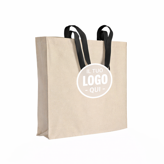 Shopper con soffietto in cotone naturale 220 g/m2, manici lunghi colorati - ERICE