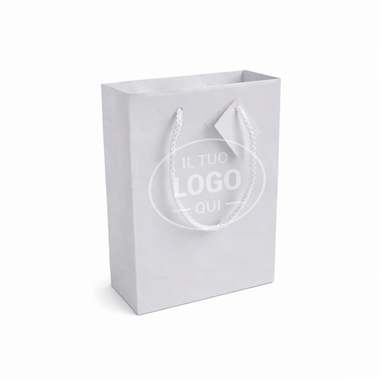 Shopper con soffietto in carta laminata 157 g/m2 con rinforzo alla base, maniglie in cordino - CREMA XS