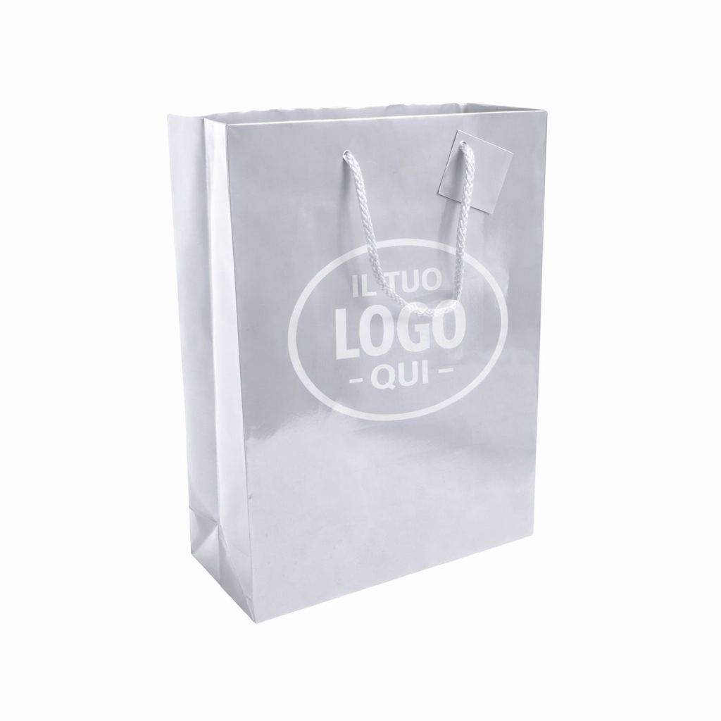 Shopper con soffietto in carta laminata 157 g/m2 con rinforzo alla base, maniglie in cordino - CREMA M