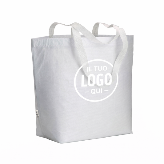 Shopper in R-PET laminato con soffietto alla base, manici lunghi in poliestere - VERBANIA