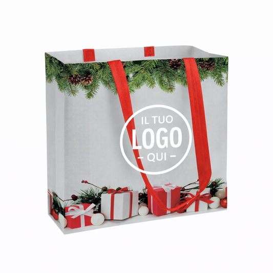 Shopper in TNT laminato con stampa a tema, manici lunghi e soffietto - BOBBIO