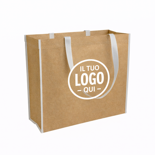 Shopper con soffietto in TNT laminato, manici lunghi a nastro colorati - MERANO