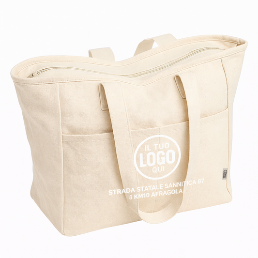 Shopper in cotone riciclato 450 g/m2 con manici lunghi e doppia tasca frontale - VIESTE