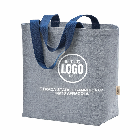 Shopper in cotone riciclato 340 g/m2 con effetto melange. Manici lunghi colorati e soffietto - LEVANTO