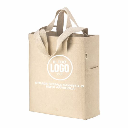 Shopper in cotone canvas riciclato da 280 g/m2 con doppi manici e soffietto , con 2 tasche laterali e tasca interna - TAORMINA