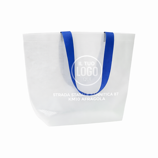 Shopper trasparente in PP laminato 110 g/m2. Manici lunghi colorati in poliestere e soffietto - BRUNATE