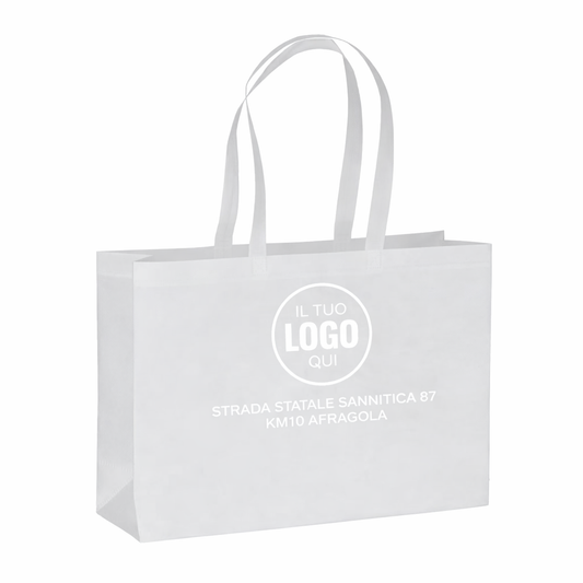 Shopper in PET riciclato da 100 g/m2 (TNT R-PET) termosaldata, soffietto e manici lunghi - CERVINIA