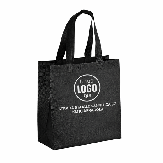 Shopper in PET riciclato da 80 g/m2 (TNT R-PET) termosaldata, dotata di soffietto e manici corti - SONDRIO