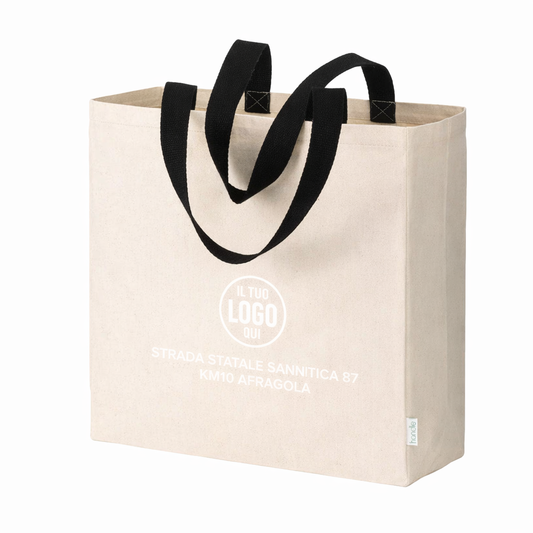 Maxi shopper in cotone riciclato da 280 g/m2 naturale con manici colorati, dotata di soffietto e manici lunghi - VENEZIA