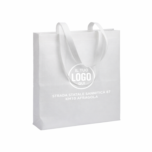 Shopper in PET riciclato (TNT R-PET 80 g/m2) termosaldato, manici lunghi e soffietto - VARENNA