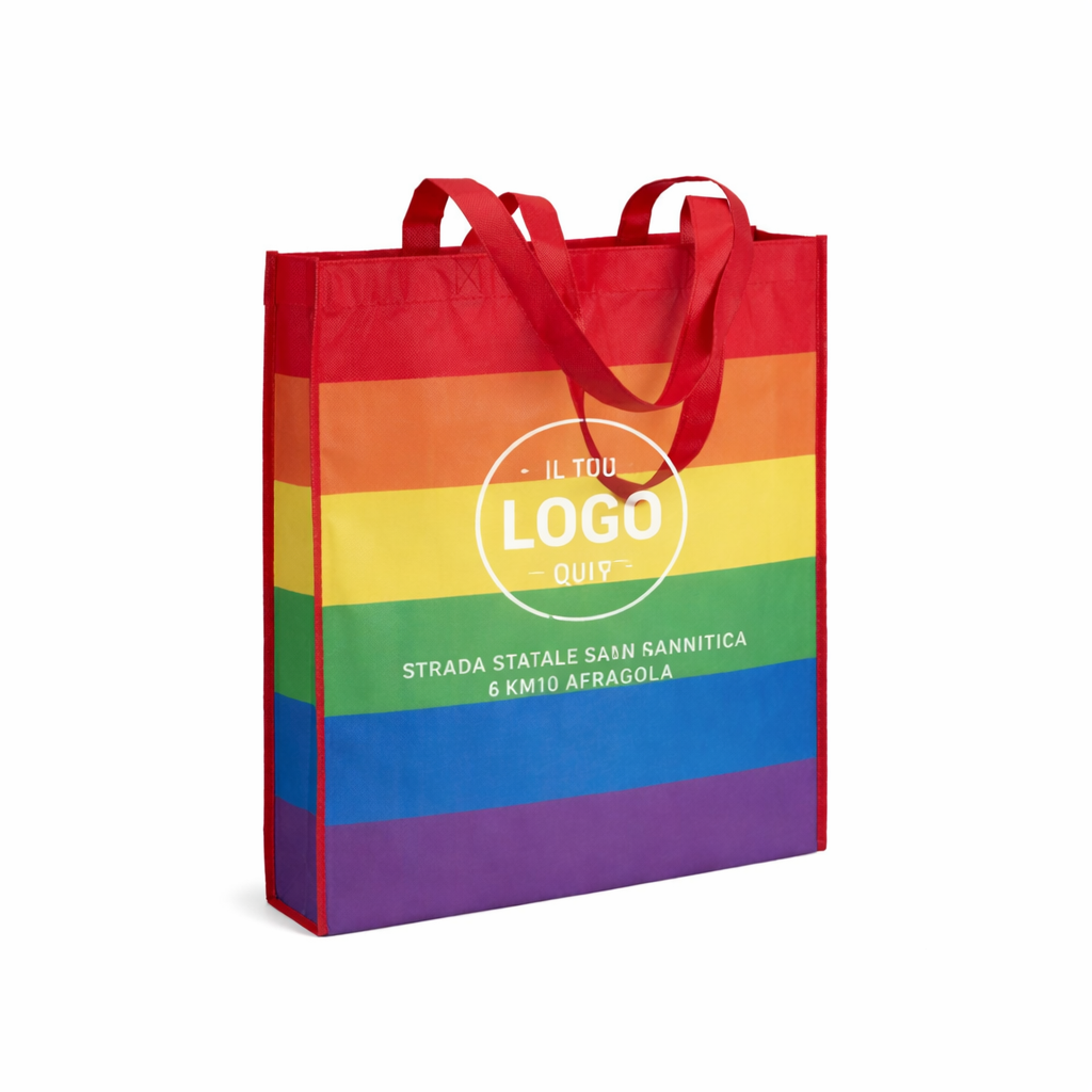 Shopper arcobaleno in r-pet  80g/m2, manici lunghi e soffietto - LUINO