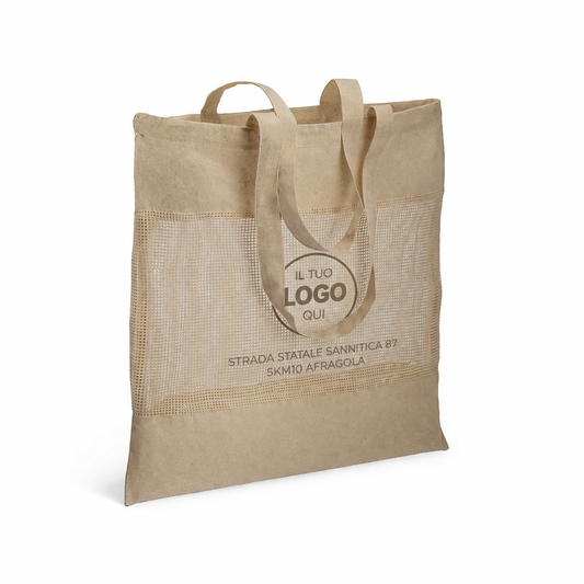 Shopper in cotone naturale da 135 g/m2 con rete sulla parte centrale, manici lunghi - ALTAMURA