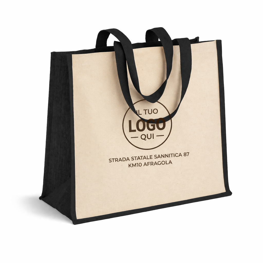 Shopper in cotone 280 g/m2 con soffietto, retro, manici e orlo in juta, manici lunghi - BELLARIA