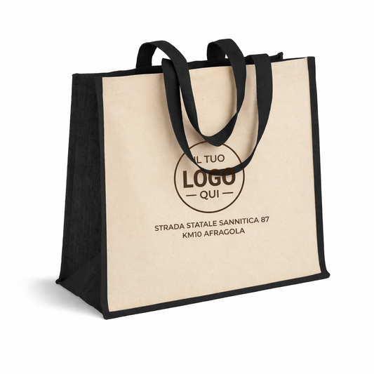 Shopper in cotone 280 g/m2 con soffietto, retro, manici e orlo in juta, manici lunghi - BELLARIA