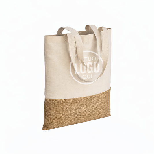 Shopper in cotone 230 g/m2, base in juta, manici lunghi - PORTOVENERE