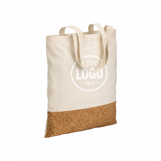 Shopper in cotone 135 g/m2,  base in sughero, manici lunghi - LAMPEDUSA