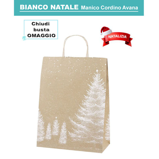 Shopper Natalizie in Carta Avana con Maniglia Ritorta Avana – BIANCO NATALE –