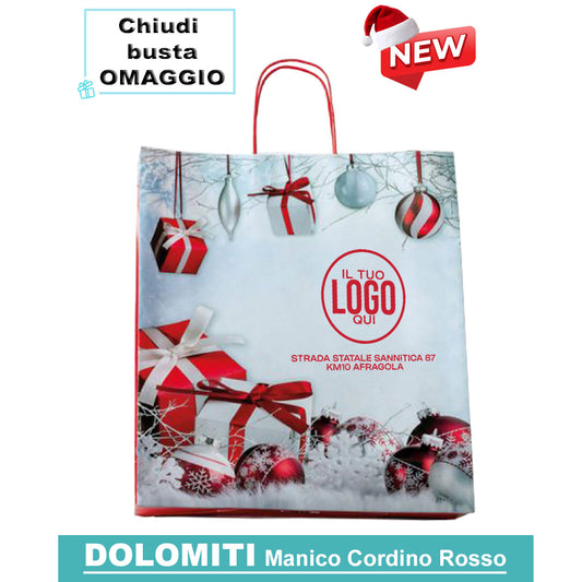 Shopper Natalizie in Carta con Manico Cordino Rosso – DOLOMITI –