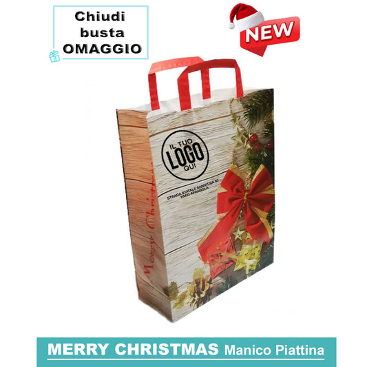 Shopper Natalizie in Carta con Manico Piattina rosso – MERRY CHRISTMAS –