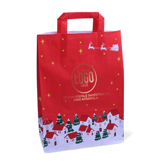 Shopper Natalizie in Carta con Manico Piattina Rosso – XMAS VILLAGE –